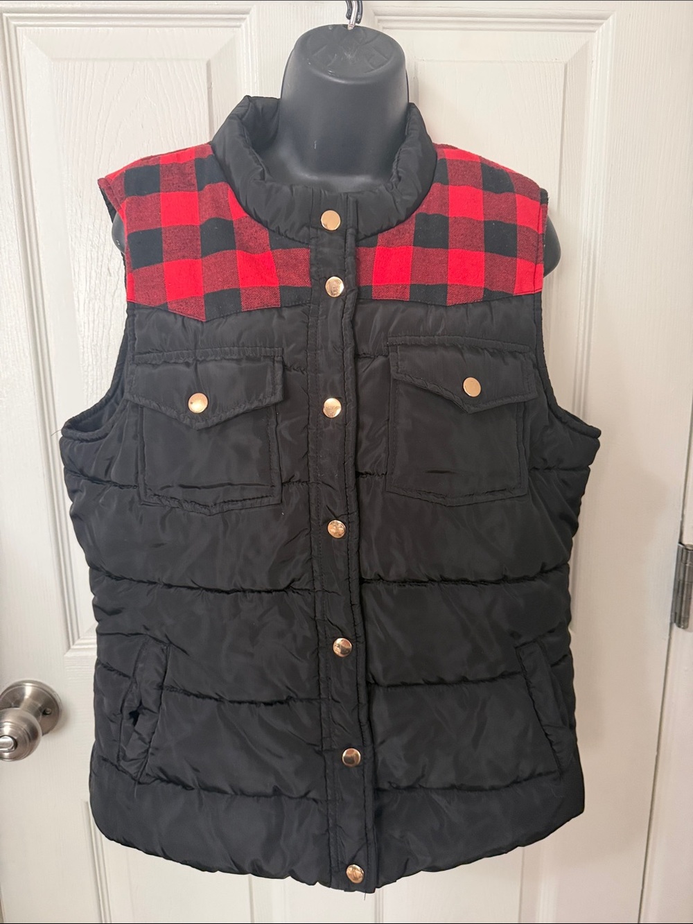 Daytrip Black Quilted Puffer Vest with Red Buffalo Plaid Shoulders